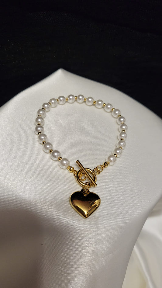 Beaded Heart Charm Bracelet - 18K Gold Plated