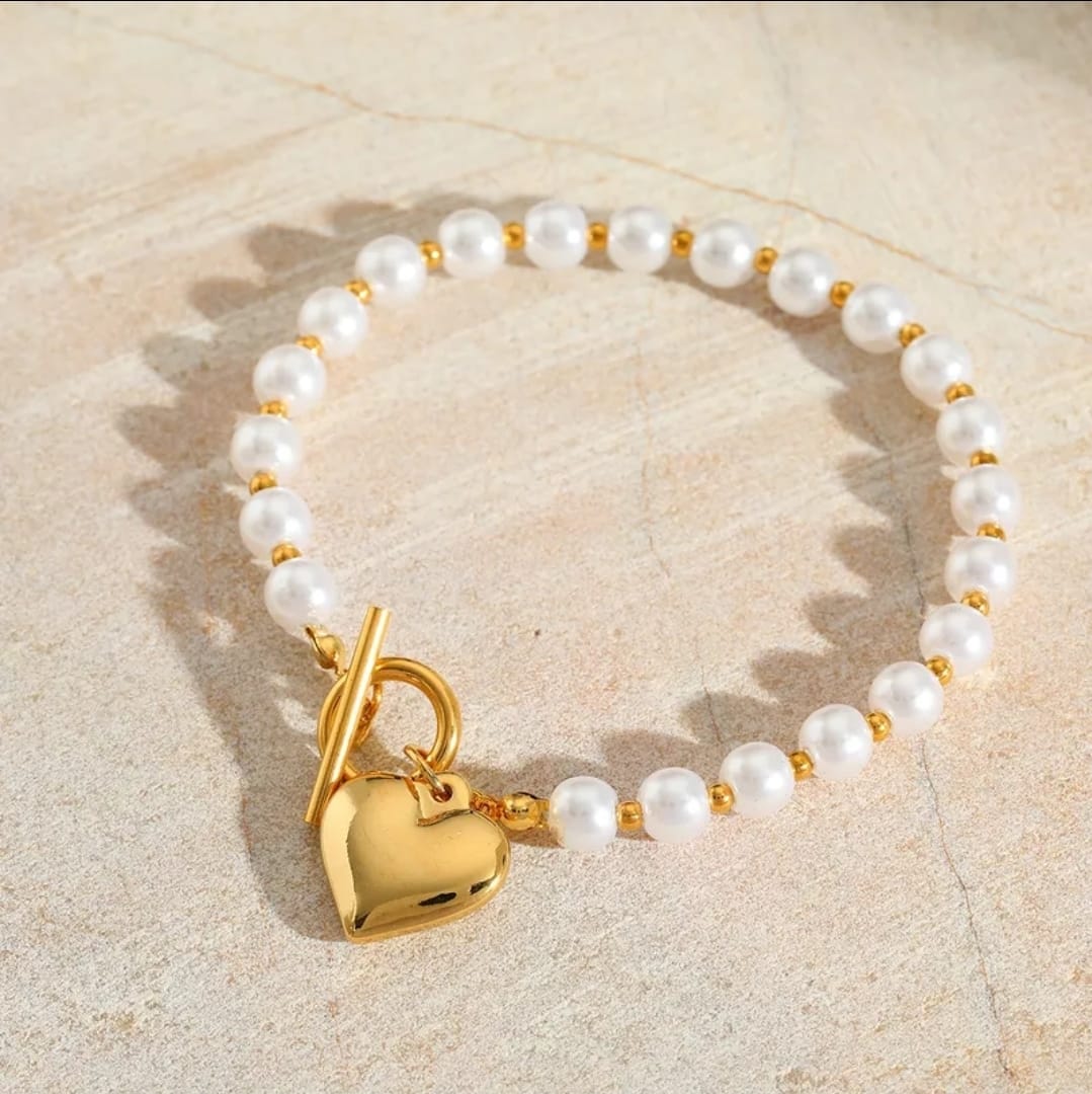 Beaded Heart Charm Bracelet - 18K Gold Plated